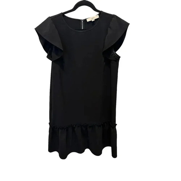 Ann Taylor LOFT Women Black Short Sleeve Crew Neck Back Zip Ruffle Dress Size M - Picture 1 of 7